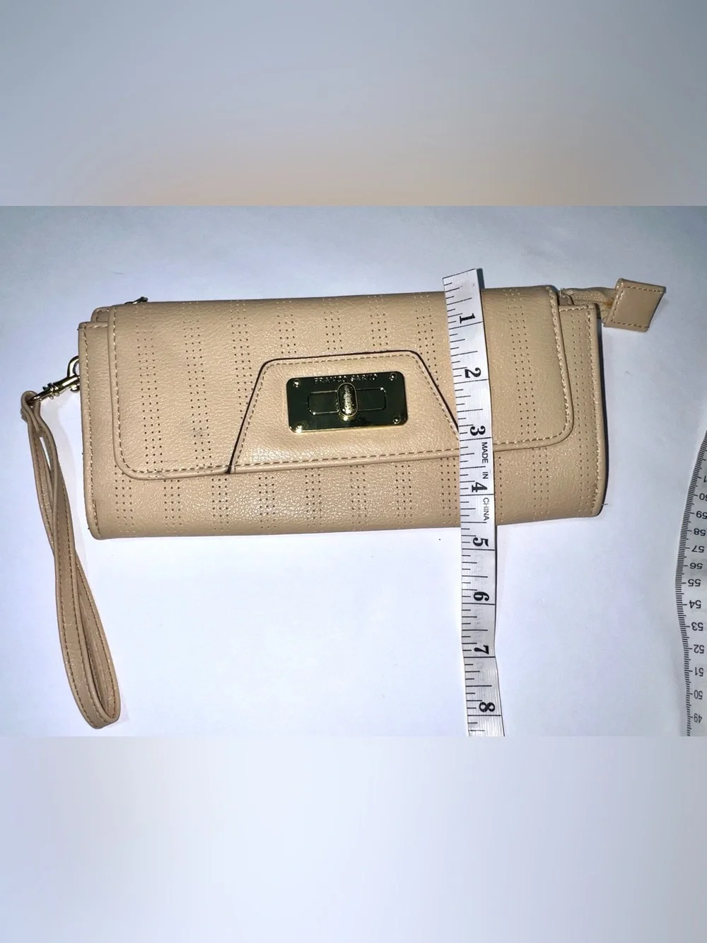 Franco Sarto Cream Wristlet Wallet Zip Logo Strap Roomy
